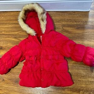 Gymboree toddler girl’s puffy red jacket with faux fur hood (2-3T)